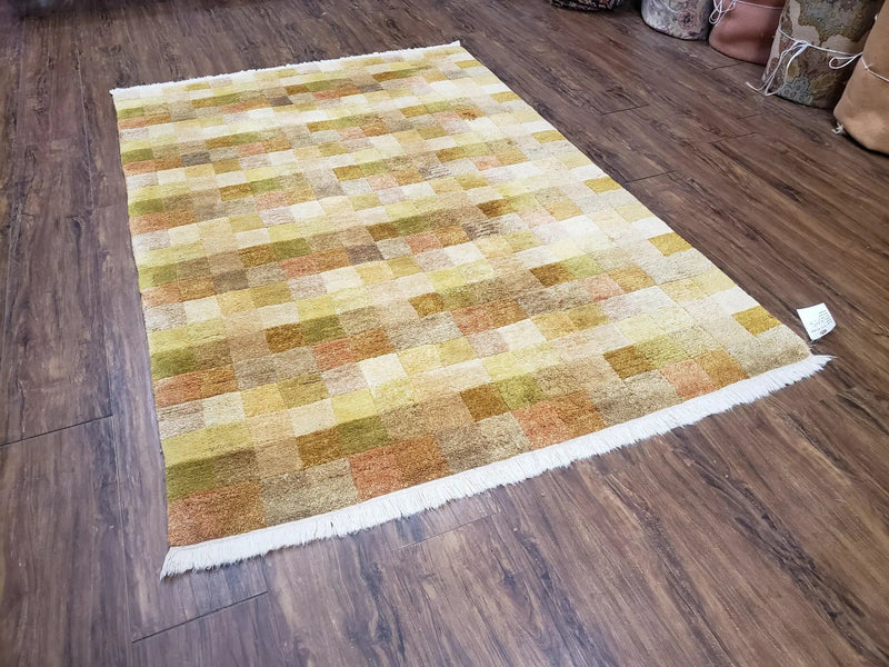 4x6 Tibetan Rug, Modern Abstract Handmade Area Rug, Checkerboard Pattern, Neutral Ivory Gold Tan Colors, Soft Pile, Mid Sized Rug, Nepali by Jewel Rugs