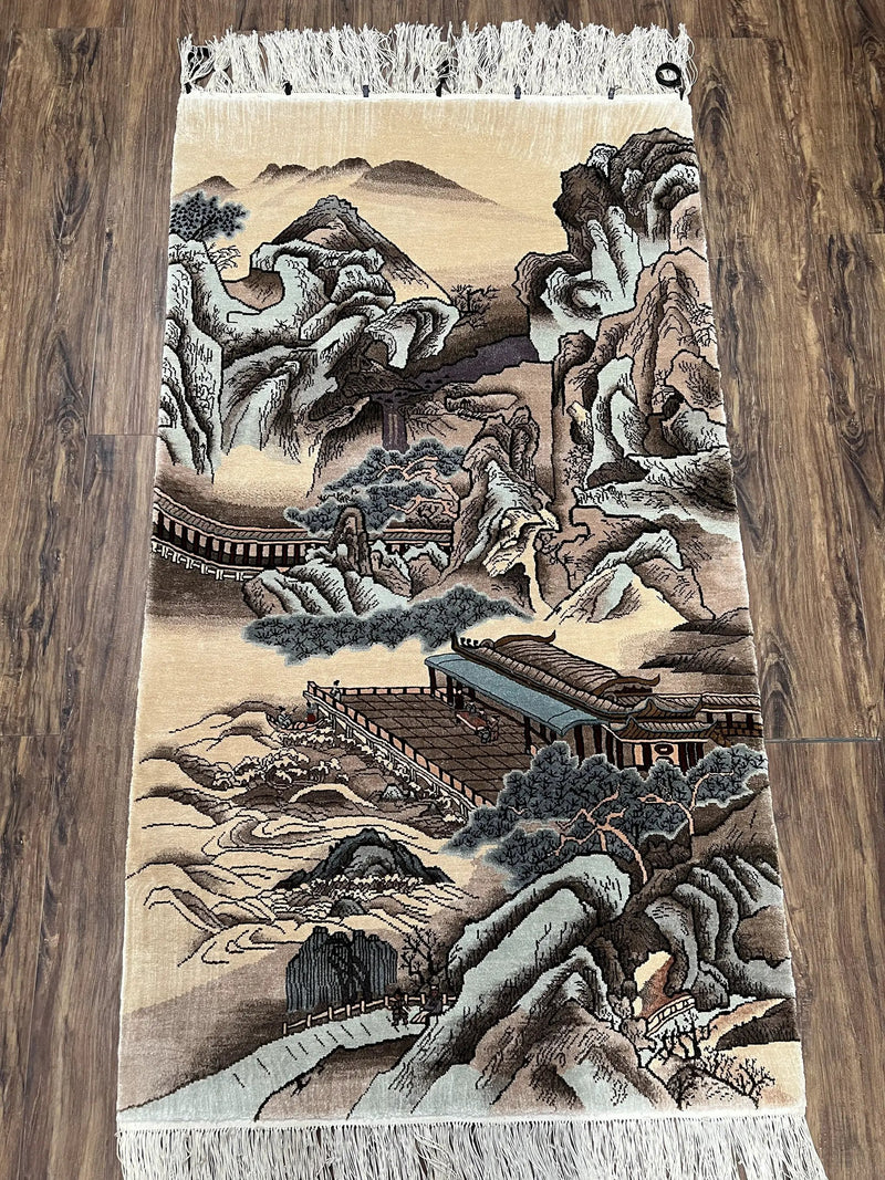 Silk Chinese Wall Hanging Rug 3x6 ft Tapestry, Pagoda Scene, Pictorial, High Quality Fine Hand Knotted Vintage, Asian Oriental Handmade Nice by Jewel Rugs