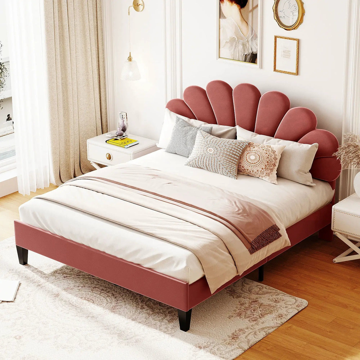 Upholstered Platform Bed With Flower Pattern Headboard by Unique Piece Furniture