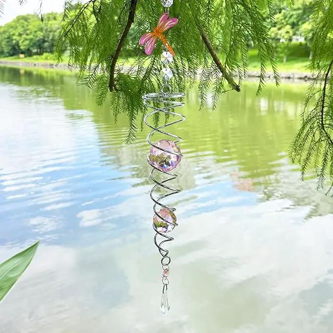 FONMY Dragonfly Gazing Ball Spiral Wind Spinner Sun Catcher Rainbow Maker Silver Spiral W/Pink K9 Crystal Ball Tree Hanging Ornament Indoor Outdoor Garden Decor. 19.5inch H by GreenHaven Gardens