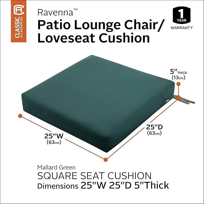 Classic Accessories Ravenna Water-Resistant 25 x 25 x 5 Inch Square Patio Seat Cushion Slip Cover & Foam, Mallard Green, Lounge Chair Cushion by GreenHaven Gardens