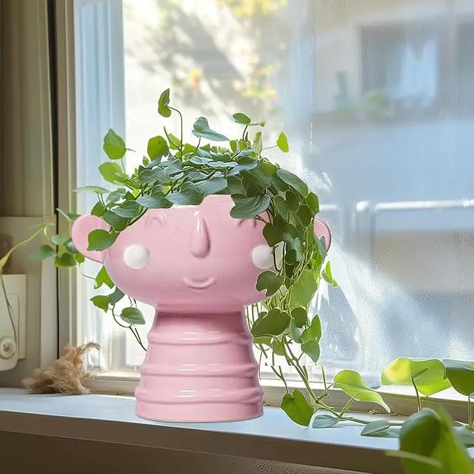 Smiley Face Planter - 7 Inch Ceramic Head Planter for Indoor Outdoor Plants, Cute Succulent Pots with Drainage Hole, Decorative Flower Pots, Home Room Desk Decor, Birthday Gifts, Bright Pink by GreenHaven Gardens
