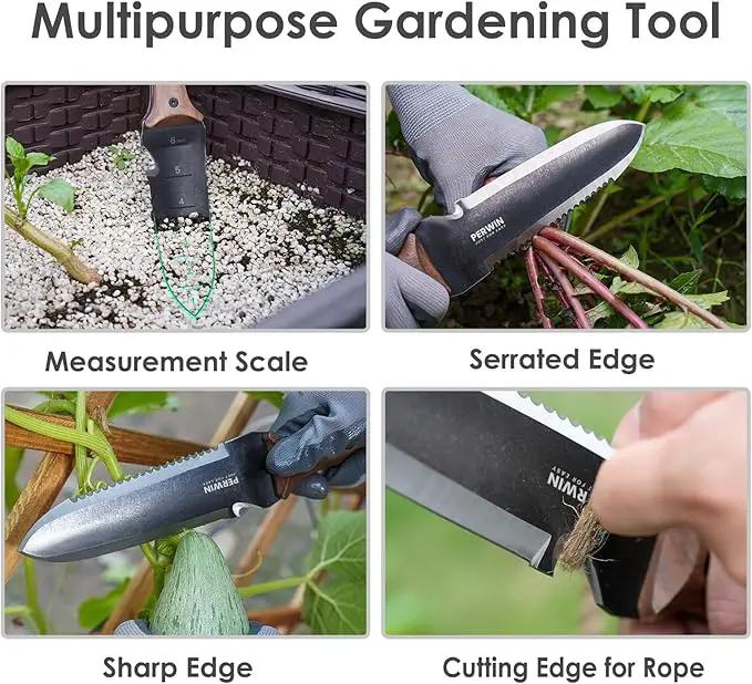 Hori Hori Garden Knife, Garden Tools with Sheath for Weeding,Planting,Digging, 7" Stainless Steel Blade with Cutting Edge, Full-Tang Wood Handle with Hanging Hole by GreenHaven Gardens
