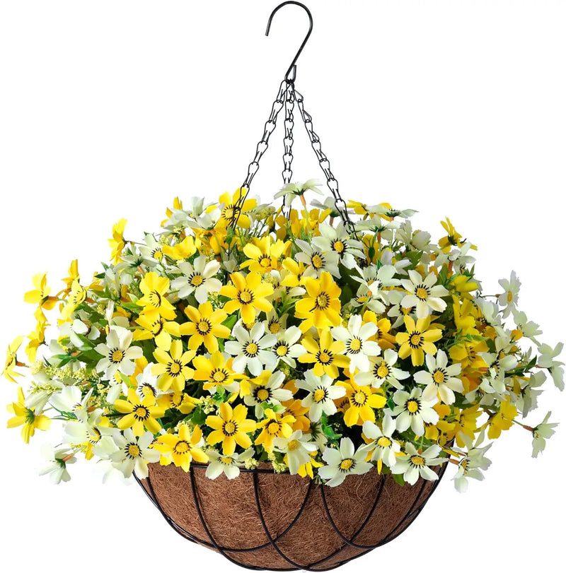 Artificial Silk Flowers Hanging Baskets Outdoors,Chrysanthemum with Eucalyptus Leaves Arrangement for Garden Yard Decor,Faux Plant in Metal Coconut Lining Flowerpot(Yellow) by GreenHaven Gardens