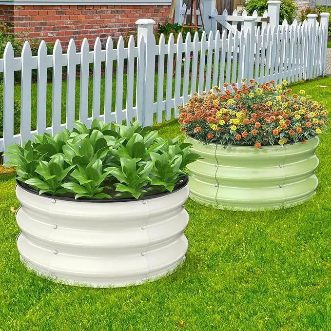 2pcs 2x2x1 FT Galvanized Raised Garden Bed Kit, Round Raised Garden Beds Outdoor Raised Beds for Gardening, Planter Boxs for Vegetables Flower Herb(Pearl White & Sage Green) by GreenHaven Gardens
