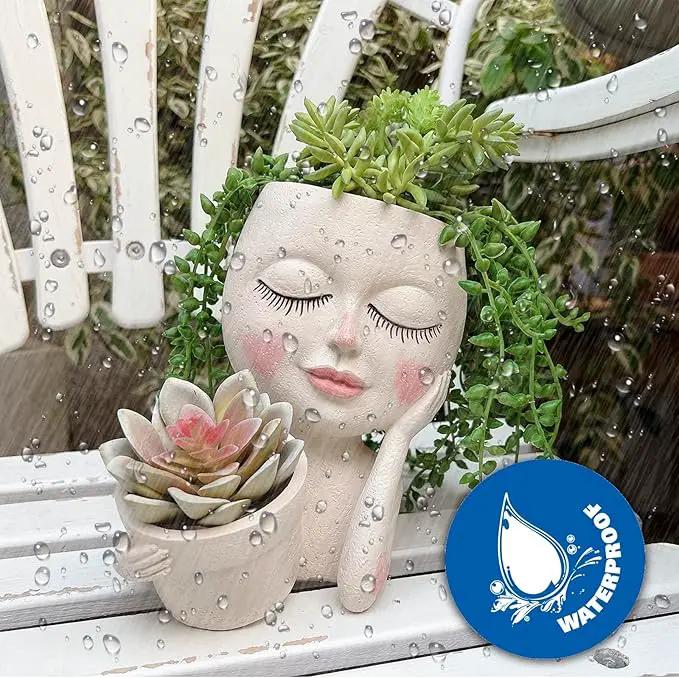 Face Plant Pot - Double Flower Pots for Indoor Outdoor Plants Resin Head Planter with Drainage Hole Cute Lady Face Plant Pots, Garden Decoration Planters, Medium by GreenHaven Gardens