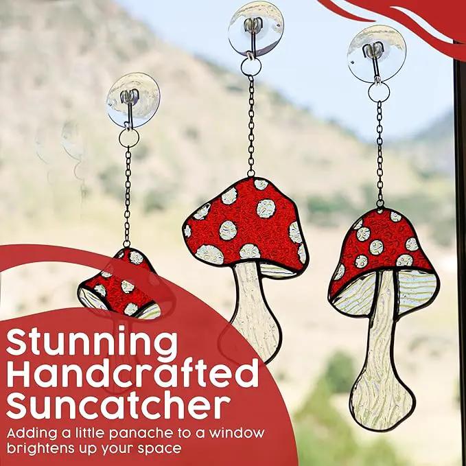 SENSORY4U Fly Agaric Hand-Painted Mushroom Stained Glass Suncatcher 3-Pack - Moon and Toadstool Window Hanging Ornaments - Nature-Inspired Home Décor for Plant and Mushroom Lovers by GreenHaven Gardens