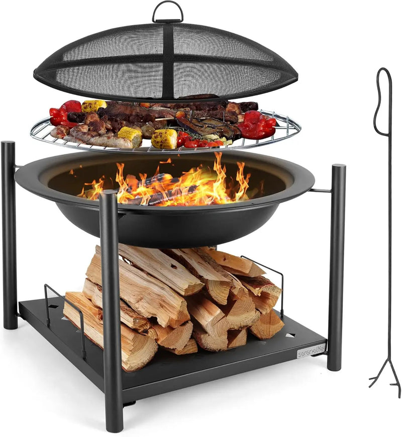 SereneLife Portable Outdoor Fire Pit - 2-in-1 Steel BBQ Grill and 26" Wood Burning Fire Pit Bowl with Mesh Spark Screen, Log Grate, Fire Poker, and Cover for Camping, Picnic, Bonfires by GreenHaven Gardens