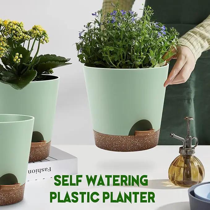 Indoor Self Watering Planters with Drainage Holes and Saucers, 9,8, 7.5 Inches, Green, 3 Pots (Springgreen) by GreenHaven Gardens