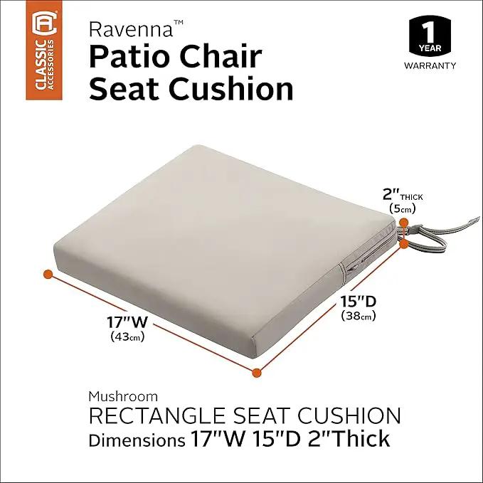 Classic Accessories Ravenna Water-Resistant 17 x 15 x 2 Inch Patio Seat Cushion, Mushroom, Chair Seat Cushion by GreenHaven Gardens