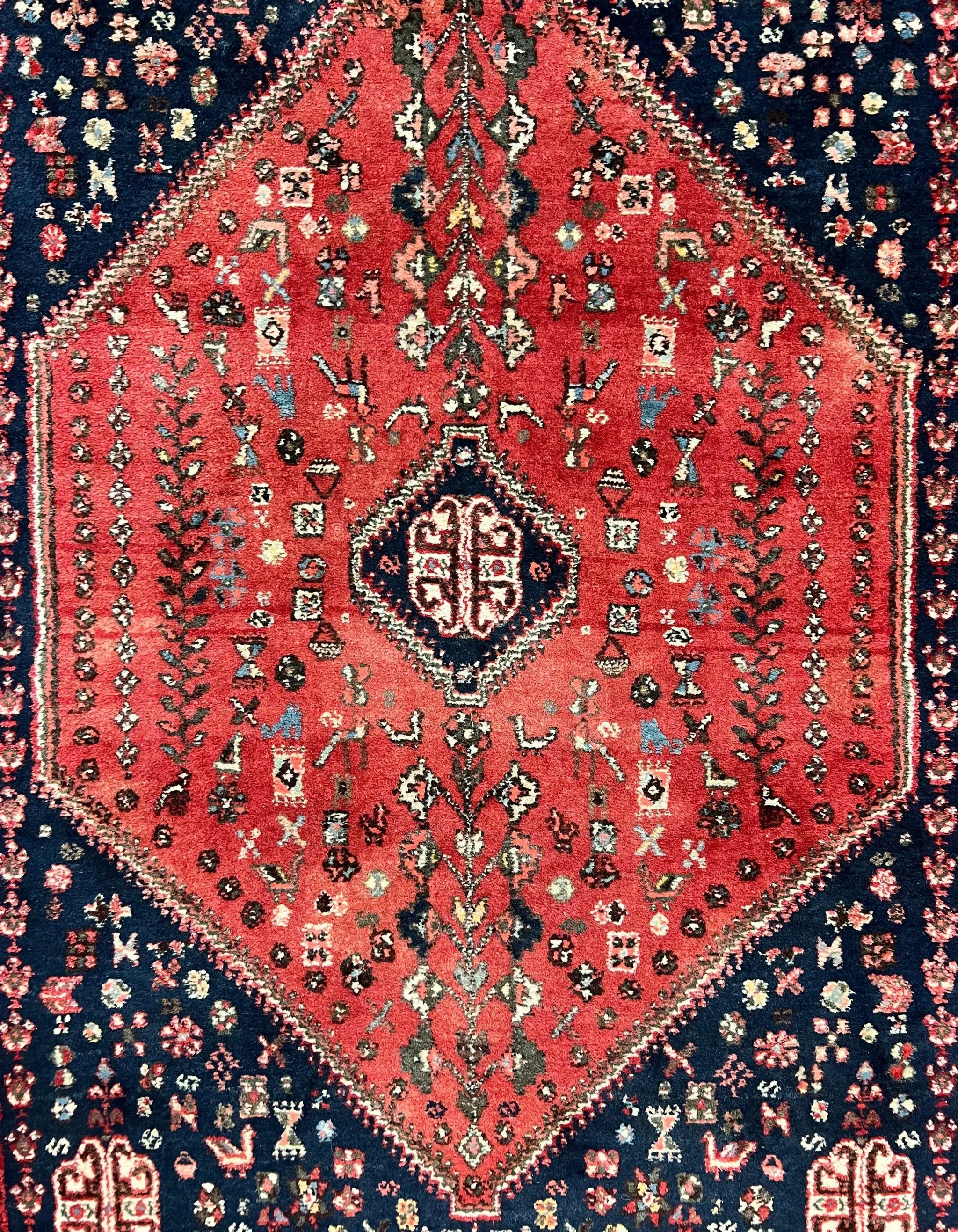 Persian Tribal Rug 3.6 x 5 ft, Persian Abadeh Rug, Geometric Medallion Bird Motifs, Red and Navy Blue Hand Knotted Handmade Wool Vintage Oriental Carpet by Jewel Rugs
