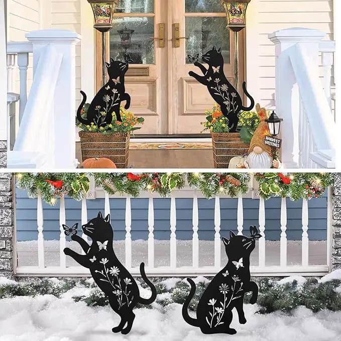 Metal Cat Garden Decor for Outside,Set of 2 Black Cat Silhouette Garden Stakes,Cat Yard Decor Outdoor by GreenHaven Gardens