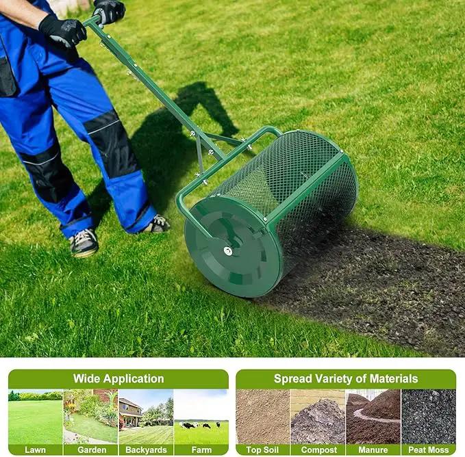 Seeutek Compost Spreader - 24" Peat Moss Spreader with 3 Heights, Top Soil Spreader W/Upgraded Side Latches Support Rod Powder Coated Metal Mesh Top Dressing Spreader for Lawn, 2 Way Uses-Push or Tow by GreenHaven Gardens