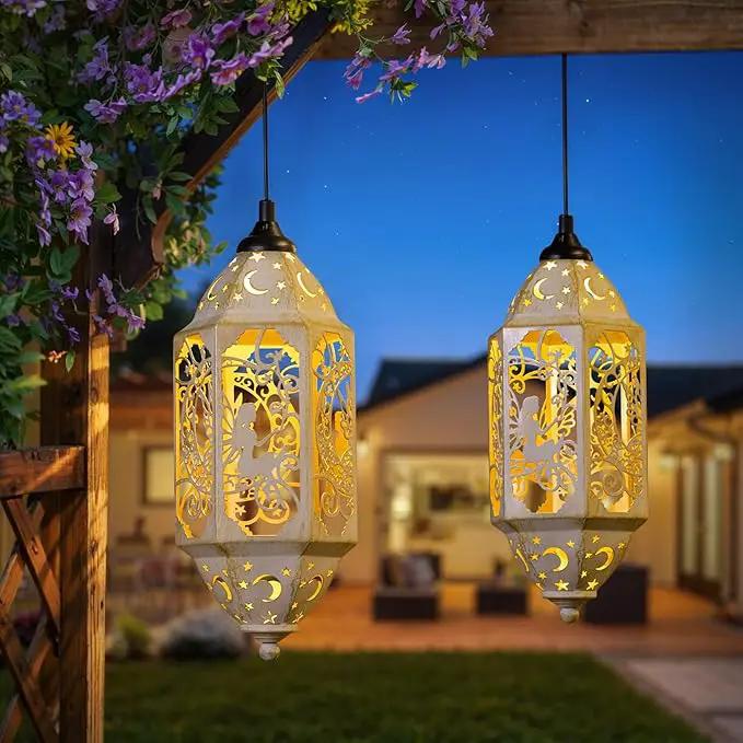 Outdoor Solar Lanterns Waterproof Fairy Moon Garden Gifts for Women Mom12.4‘’ Metal Garden Lanterns Hanging Light for Patio Backyard Decorations, Mothers Day Birthday Gifts (Gold White,2Pack) by GreenHaven Gardens