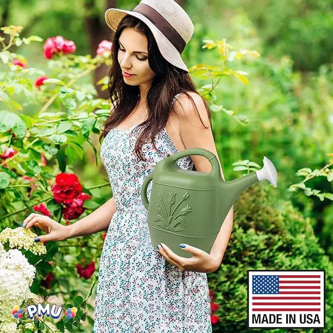 PMU 2 Gallon Watering Can - Garden Watering Can for Indoor & Outdoor Plants - Plastic Water Can with Detachable Sprinkler Head - Large Water Pot, Made in USA - Sage Green Pkg/3 by GreenHaven Gardens