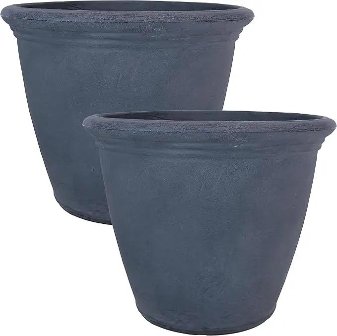 Sunnydaze 20-Inch Anjelica Large Plastic Pot for Plants - Outdoor Polyresin Round Planter with Drillable Drainage Holes - Slate - 2pk by GreenHaven Gardens