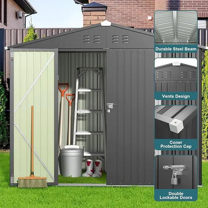 Gizoon Outdoor Storage Shed 8 x 6 FT, Galvanized Metal Garden Shed with Double Lockable Doors, Outdoor Storage Clearance for Backyard Patio Lawn-Dark Grey by GreenHaven Gardens
