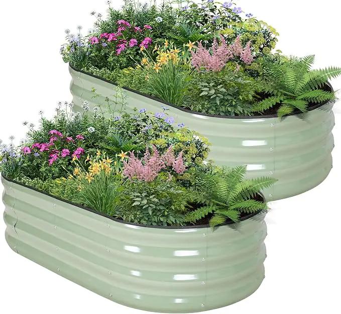 Galvanized Raised Garden Bed - 4×2×1ft (2 Packs) Planter Raised Beds for Gardening | Oval Metal Garden Planter Box with Safety Edging and Gloves for Vegetables Fruits Flower - AvocadoGreen by GreenHaven Gardens