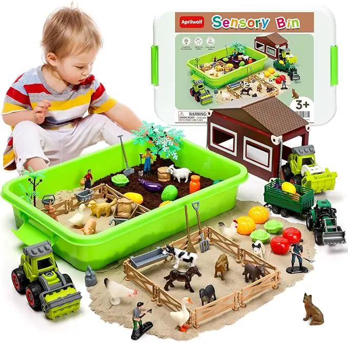 69 PCS Farm Sensory Bin Toys Playset, Sandboxes with Sand, Farmer Tractor & Farm Animals Figures Toys for Kids 3 4 5, Gifts for 6 7 Years Old Boys Girls Toddlers by GreenHaven Gardens