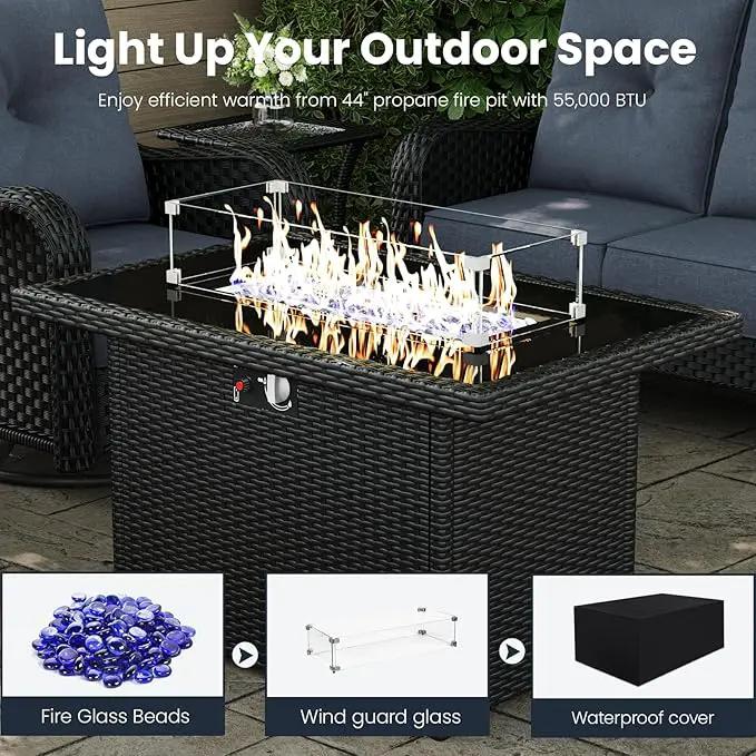 7 Pieces Outdoor Patio Furniture Sets with Rocking Swivel Chairs with 6-inch Thick Cushion and Fire Pit Table for Deck Lawn by GreenHaven Gardens
