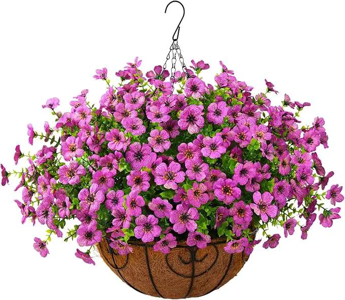 Artificial Faux Hanging Plants Flowers Basket Outdoor Porch Garden Spring Decoration, Fake Silk Daisy in Planter Realistic UV Resistant for Outside Home Patio Balcony Yard(Purple) by GreenHaven Gardens
