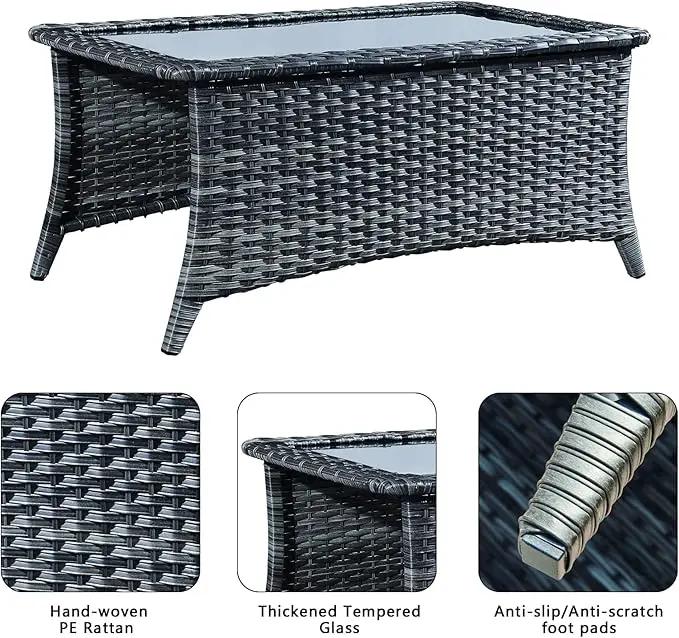 Patio Tables Wicker Coffee Table - Outdoor Rattan Coffee Tables with Glass Top for Patio Proch Deck Balcony Rectangle Mixed Grey by GreenHaven Gardens
