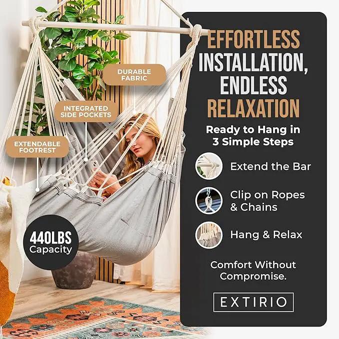 Hanging Hammock Chair Swing – Hanging Chair Outdoor & Indoor - Hammock Swing Chair – Quick & Easy Setup with Hardware Kit – Durable & Spacious Full Body Support – Holds 440 Lbs by GreenHaven Gardens