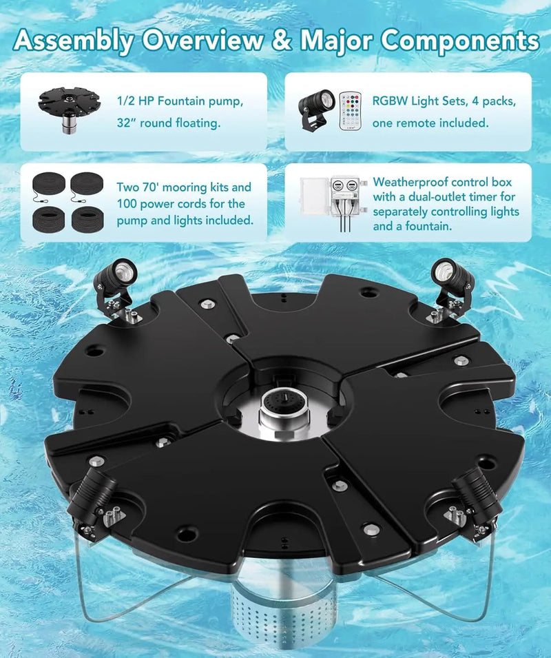 HQUA FS01 120V, 1/2HP, Large Pond Floating Fountain with FSL01 LED RGB Color-Changing Light Sets, 100’ cord, 13000 GPH, Two spray patterns 32'x12' and 18'x6' by GreenHaven Gardens