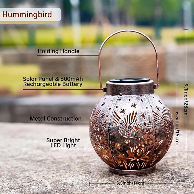 2 Pack Outdoor Solar Hanging Lantern Lights Metal LED Decorative Lamp for Garden Patio Courtyard Lawn and Table with Hollowed-Out Design (Bronze Hummingbird) by GreenHaven Gardens