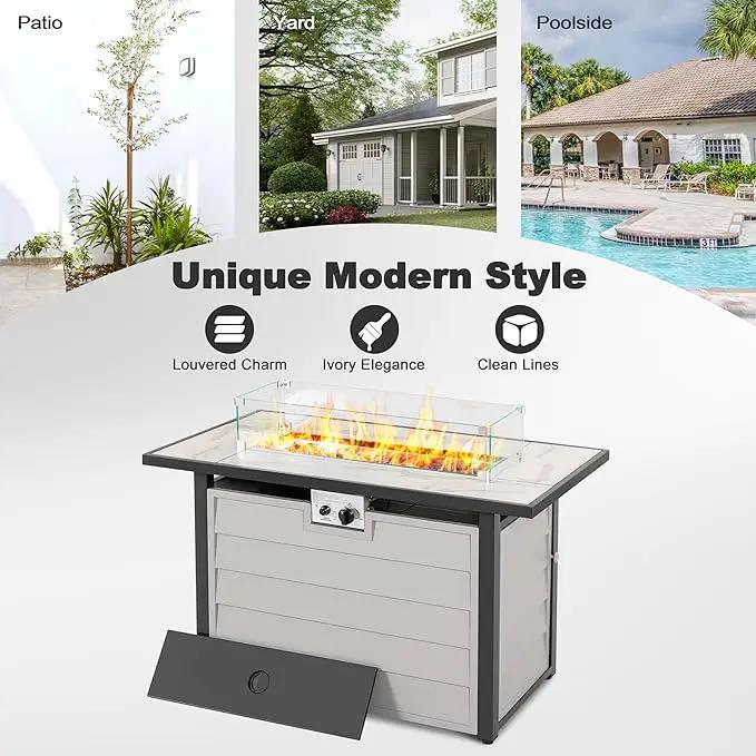 Nuu Garden 43'' Patio Propane Fire Pit Table, 50,000 BTU Gas Fire Pit with Marble-Textured Glass Top, Wind Guard, Lid, Glass Beads, CSA-Certified, 2-in-1 Outdoor Table for Gatherings, Ivory White by GreenHaven Gardens