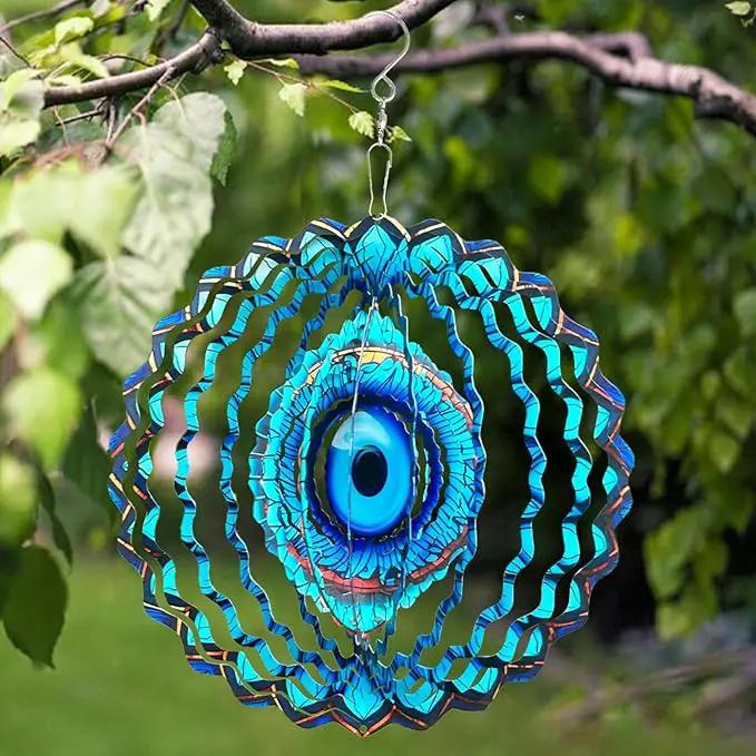 3D Wind Spinner Mandala 10 Inch Evil Eye Stainless Steel Wind Sculpture Blue Hanging Ornament Laser Cut Metal Art for Indoor Outdoor Garden Decoration Protective Amulet for Home and Yard by GreenHaven Gardens