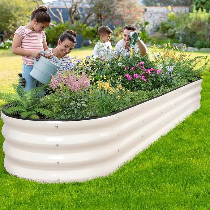 Galvanized Raised Garden Bed - 8×2×1ft Planter Raised Beds for Gardening | Oval Metal Garden Planter Box with Safety Edging and Bracing Rods for Vegetables Fruits and Flowers (White) by GreenHaven Gardens