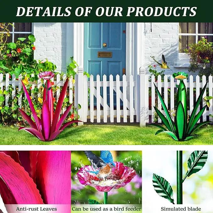 Upgraded Large Metal Yard Art, Metal Agave Plant Yard Decorations Outdoor Sculpture, Metal Flowers for Outside, Waterproof Outdoor Garden Decor (Yellow + Bird Feeder) by GreenHaven Gardens