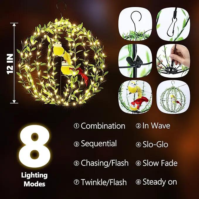Joomer Solar Lights Outdoor, 2 Pack 12in 120 LED Solar Hanging Light Balls Outdoor, 8 Modes Waterproof Foldable Metal Sphere Light with Hook for Outside Hanging - Warm White(Ball with Green Leaf+Bird) by GreenHaven Gardens