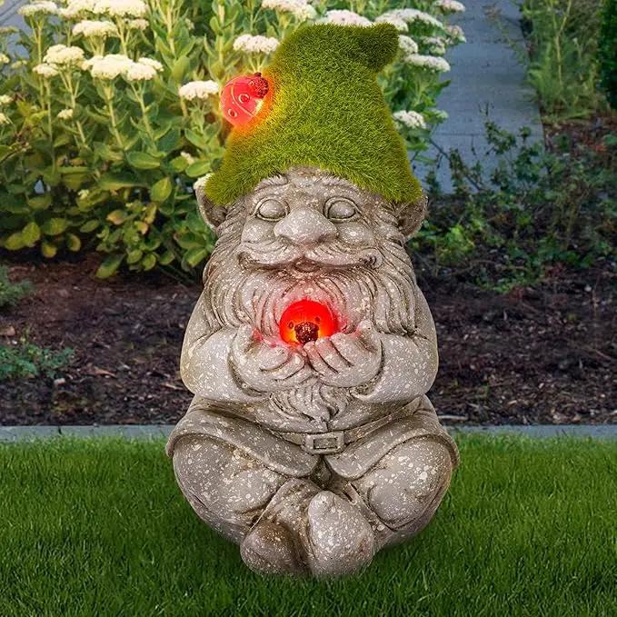 Solar Gnomes Garden Statues, Outdoor Lighted Gnome with Ladybugs Garden Decor Waterproof Figurines for Patio Porch Balcony Yard Lawn Lantern, Yard Art Decorations Gifts for Garden Patio Lawn by GreenHaven Gardens