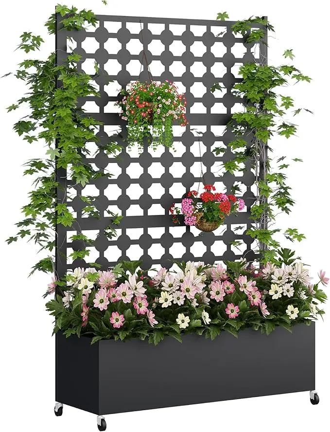 Metal Planter Box with Trellis Privacy Screen, Raised Garden Bed with Dots Trellis & Wheels, Privacy Planters for Patio, Planter Box for Climbing Plants, Flower, 73"x 47"x 16", Black by GreenHaven Gardens