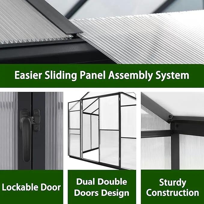 8x10 FT Outdoor Greenhouse Kit, Polycarbonate Aluminum Walk-in Greenhouse with Adjustable Roof Vent and Lockable Door, Backyard Garden in Winter, Gray by GreenHaven Gardens