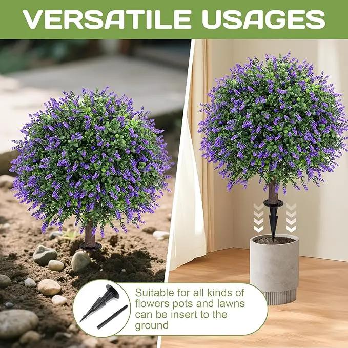 Artificial Lavender Topiary Ball Tree 25" with Ground Spike, Set of 2 Artificial Boxwood Bushes for Faux Shrubs, Fake Evergreen Faux Plant for Indoor Outdoor Porch Garden -UV Resistant–Fade-Proof by GreenHaven Gardens
