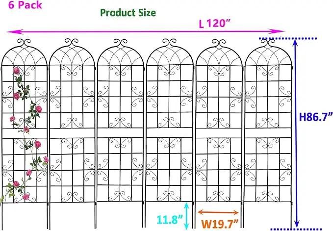 6 Pack Metal Garden Trellis 86.7" H Garden Fence Rustproof Trellis for Climbing Plants Support Roses Flower Outdoor Lawn, Black 7.2FT Tall by GreenHaven Gardens