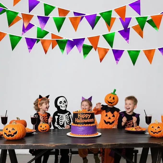 Halloween Party Decorations Metallic Fabric Green Orange Purple Triangle Pennant Banner Flag Bunting for Trick or Treat Spooky Hey Boo Happy Halloween Holiday Birthday Baby Shower Party Supplies by GreenHaven Gardens