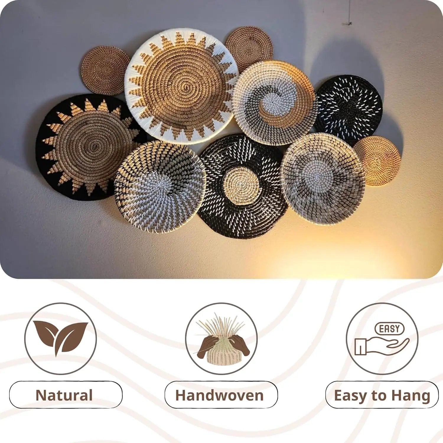 Set of 10 Handcrafted Boho Wall Basket Decor, Wall Hanging Baskets, Decorative Plates for Wall, Handmade from Vietnam Unique Wicker Wall Art Decor by GreenHaven Gardens
