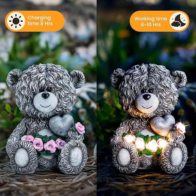 Solar Garden Outdoor Statues Bear with Heart and Pink Flower and 5 LED Lights-Lawn Decor Bear Statue for Patio, Balcony, Yard Ornament-Unique Valentine's Day and Housewarming Gifts for Mom, Women by GreenHaven Gardens