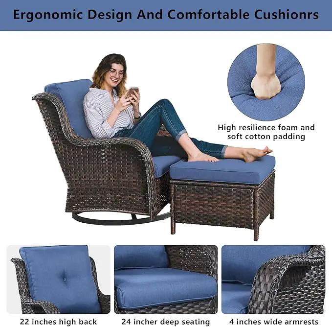 Wicker Patio Furniture Sets - 8 Piece Outdoor Rattan Furniture Conversation Sets with 4 Swivel Rocker Chairs, Rattan Sofa, Wicker Ottomans and Coffee Table, Brown/Blue by GreenHaven Gardens