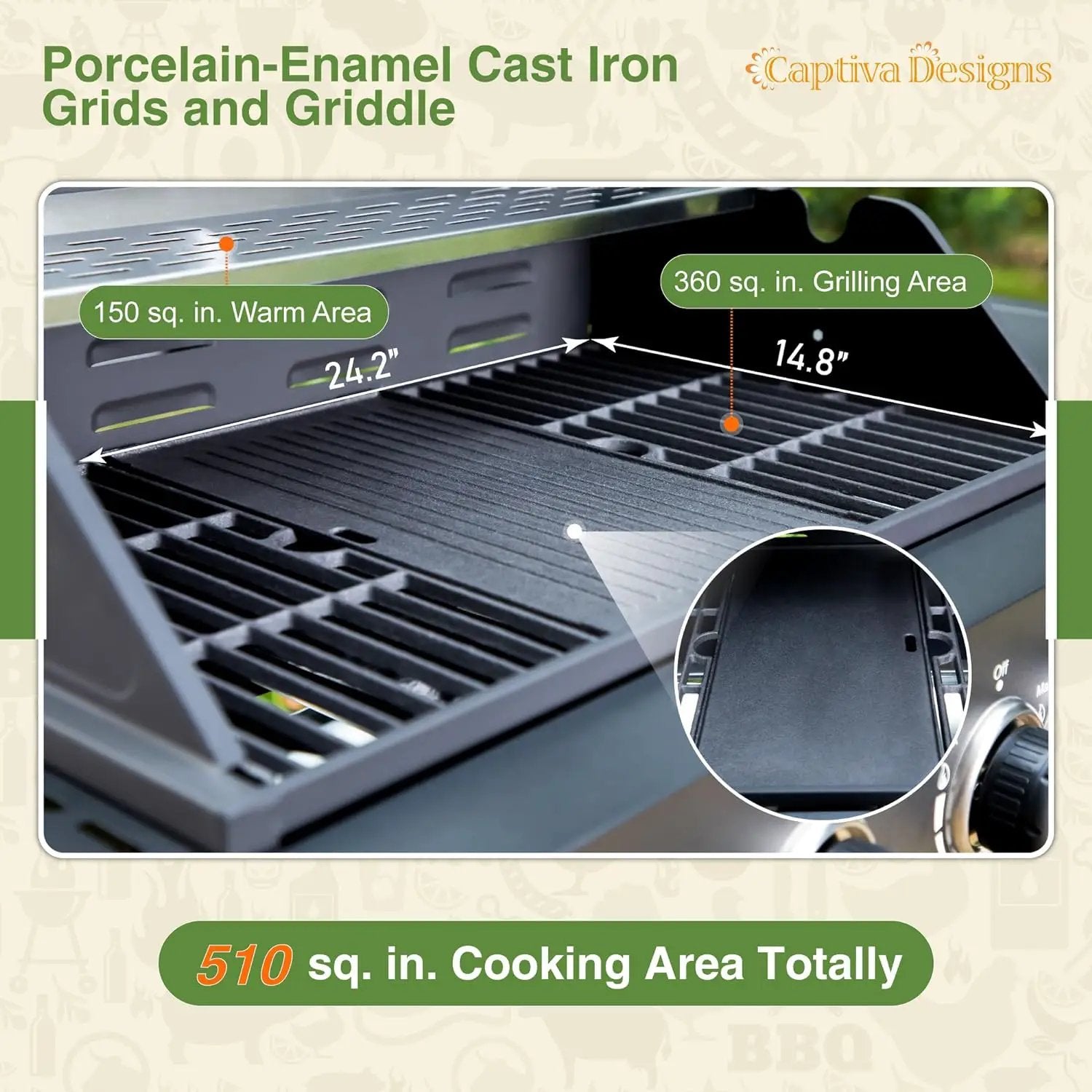 Captiva Designs 4-Burner Propane Gas BBQ Grill with Side Burner & Porcelain-Enameled Cast Iron Grates, 46,700 BTU Output for Outdoor Cooking Kitchen and Patio Backyard Barbecue, Black by GreenHaven Gardens