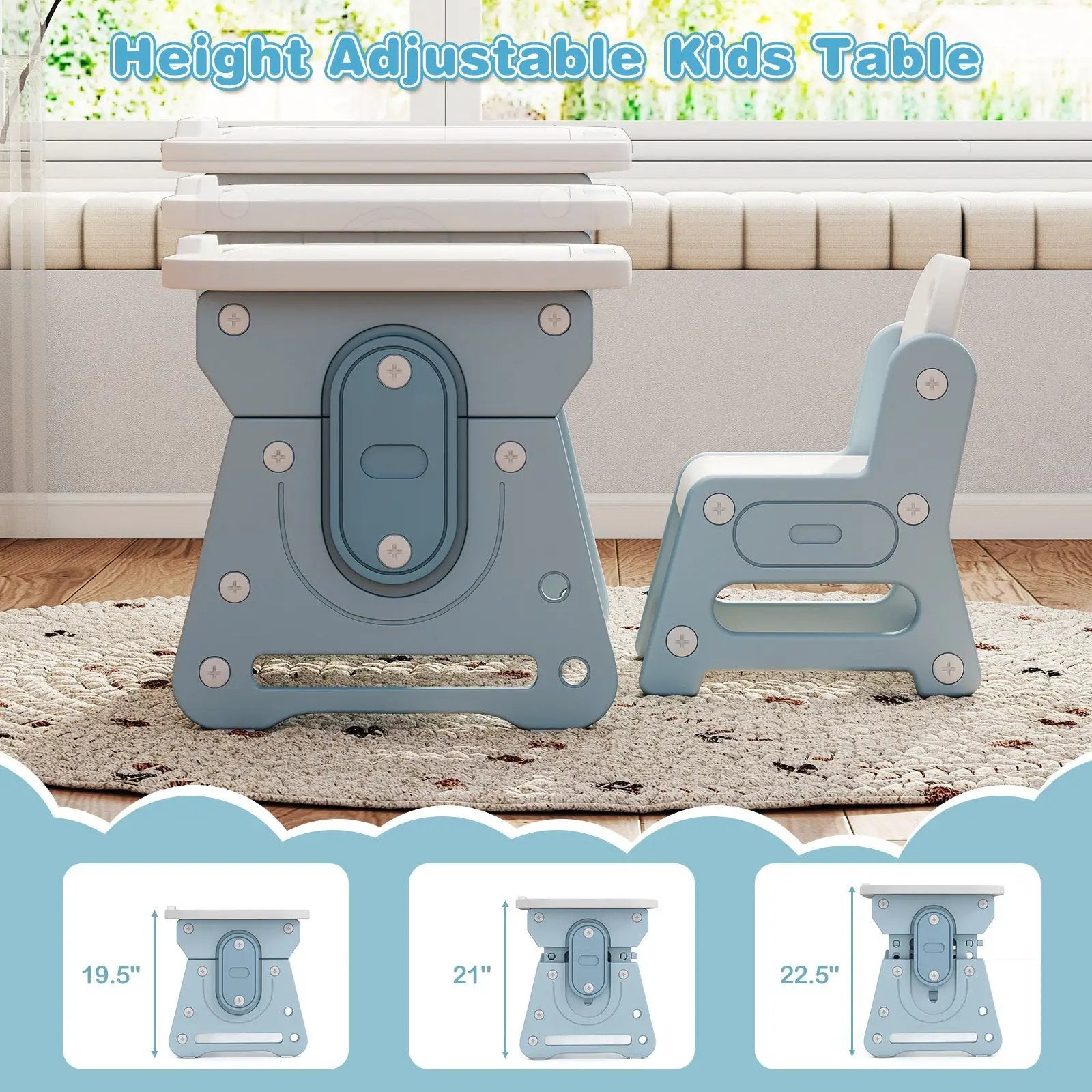 Height Adjustable Kids Table and Chair Set with Tiltable Whiteboard and Concave Shelf by DirectDeals