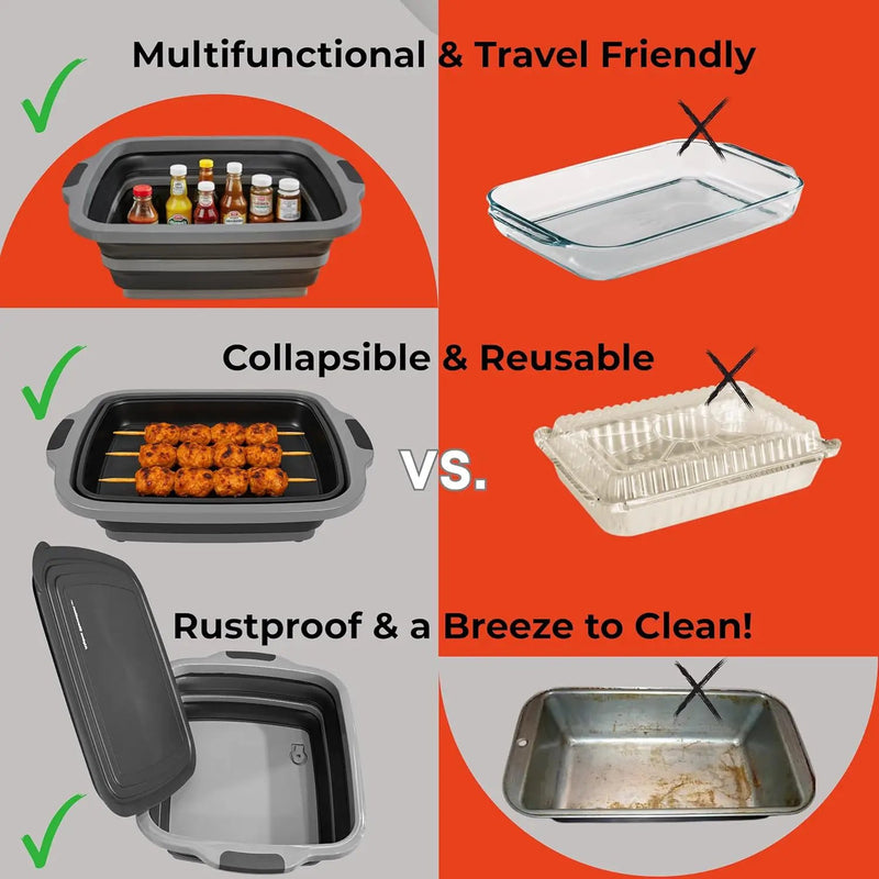 Collapsible X-Large (16L) BBQ Marinating Tub w/Cutting Board | Multipurpose Food-Grade TPE Prep Tub w/Lid | Built-In Colander & Drain Plug - For Camping | Tailgate | Picnic - Slate Black by GreenHaven Gardens
