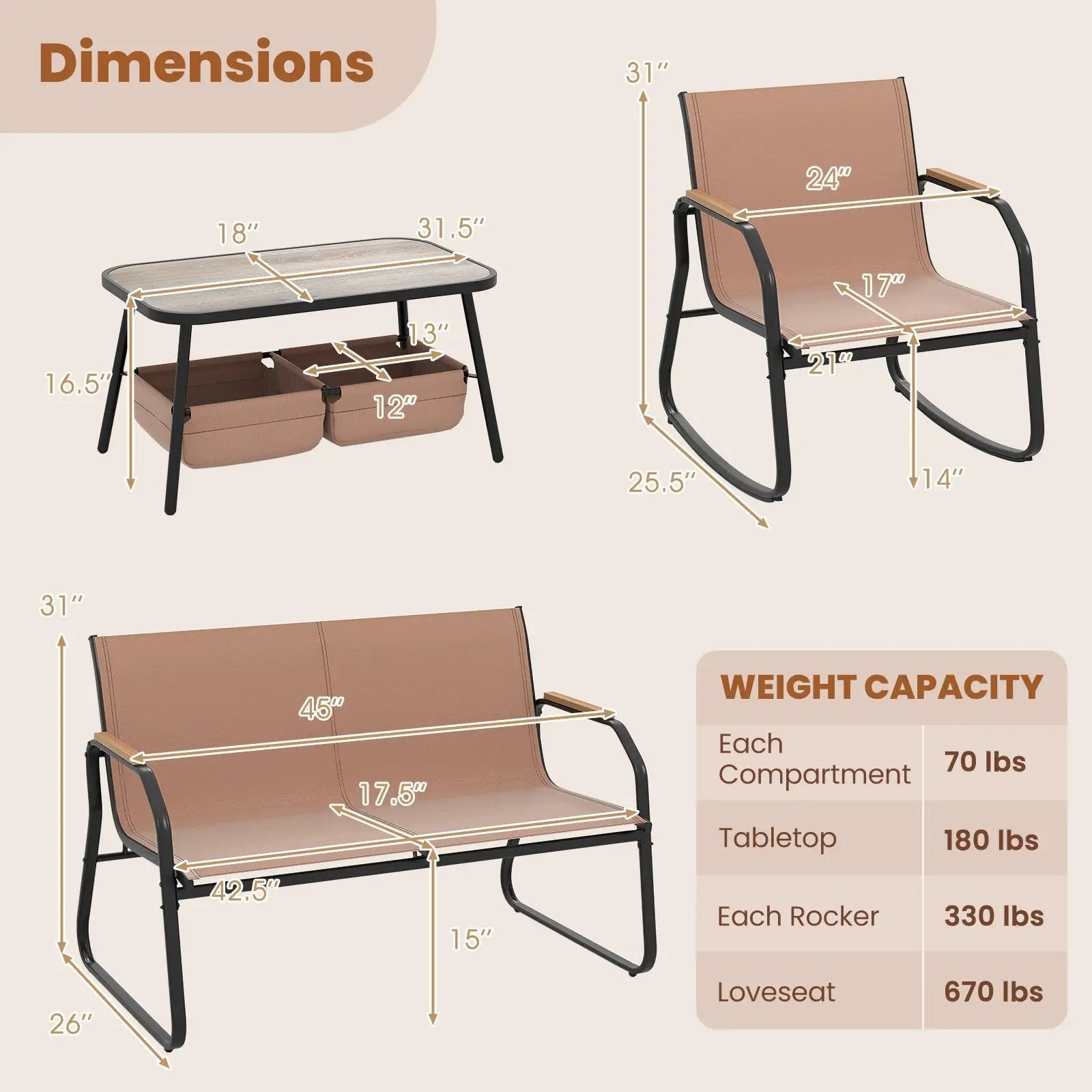 4 Pieces Patio Furniture Set with Rocking Bistro Chairs and Breathable Mesh Fabric-Coffee by DirectDeals