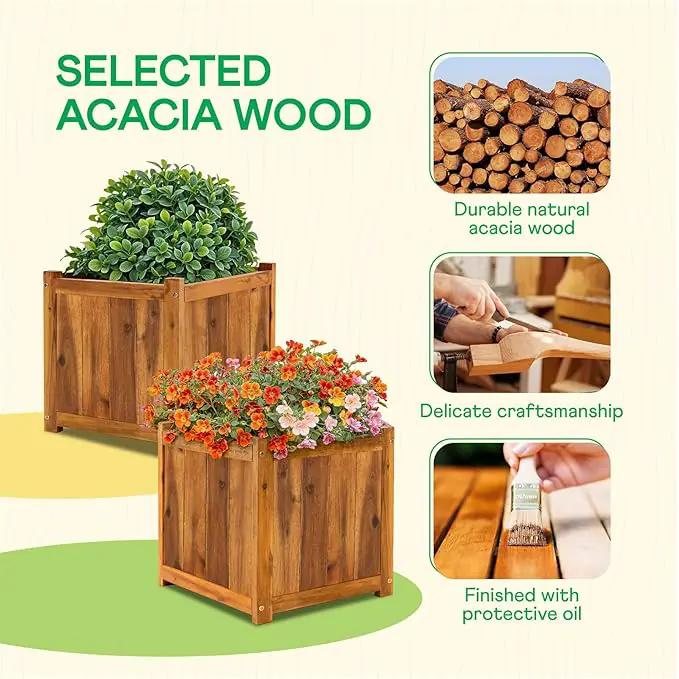 IDZO Set of 2 Acacia Wood Flower Planters for Outdoor Plants, Ergonomic Handles, Drainage Holes, Various Sizes, Ideal for Home Décor, Light Cherry by GreenHaven Gardens