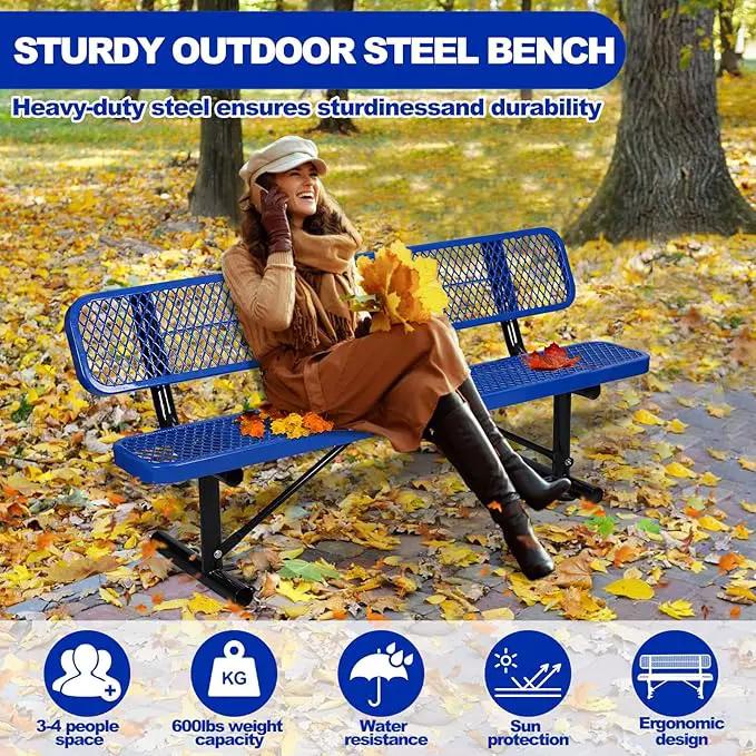 Heavy Duty Park Bench with Back Portable Frame, Outdoor Metal Park Bench with Backrest, Steel Mesh Outdoor Bench for Garden, Lawn, Patio, Porch, Park, Yard (Blue, 72.4" L x 23.2" W x 32.5" H) by GreenHaven Gardens