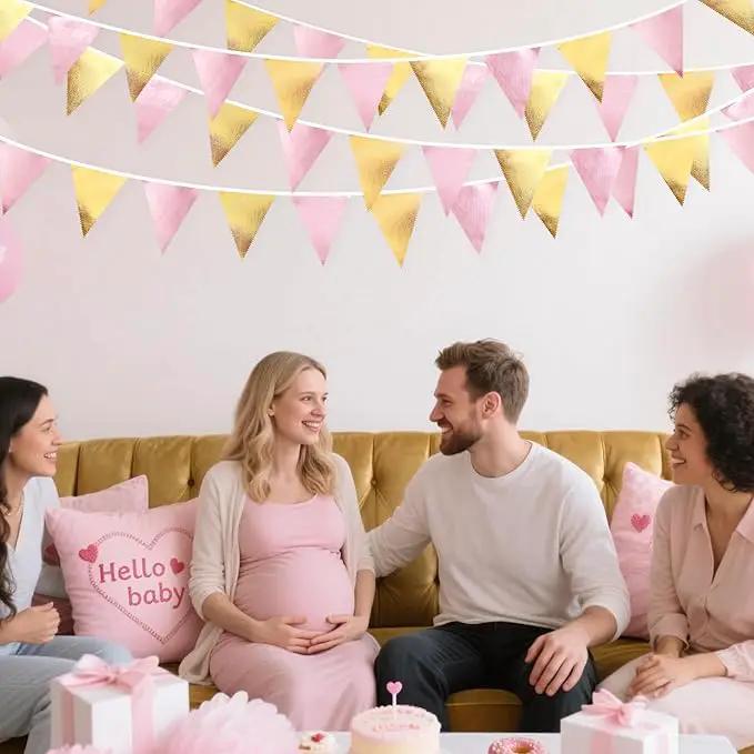 Pink Gold Party Decoration Metallic Fabric Light Pink Gold Triangle Pennant Banner Flag Bunting Garland for Women Girl Birthday Retirement Graduations Bridal Shower Wedding Baby Shower Party Supplies by GreenHaven Gardens
